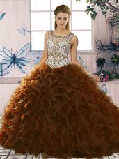 Classical Brown Organza Lace Up Sweet 16 Quinceanera Dress Sleeveless Floor Length Beading and Ruffles