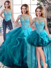 Charming Aqua Blue Tulle Lace Up Scoop Sleeveless Floor Length Quinceanera Gown Beading and Ruffles