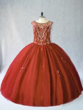 Rust Red Ball Gowns Scoop Sleeveless Tulle Floor Length Lace Up Beading Quinceanera Gown