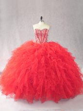 Sleeveless Tulle Floor Length Lace Up 15 Quinceanera Dress in Red with Beading and Ruffles