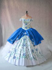 Sexy Blue And White Off The Shoulder Lace Up Embroidery and Ruffles Sweet 16 Quinceanera Dress Sleeveless