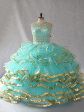 Modest Ball Gowns Quinceanera Dress Aqua Blue Scoop Organza Sleeveless Floor Length Lace Up