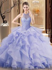 Lavender Ball Gowns Halter Top Sleeveless Organza Brush Train Lace Up Ruffles Quinceanera Dresses