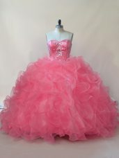 Coral Red Ball Gowns Beading and Ruffles Sweet 16 Dress Lace Up Organza Sleeveless Floor Length