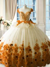 Elegant Brown Quinceanera Dress Sweet 16 and Quinceanera with Hand Made Flower Scoop Brush Train Zipper