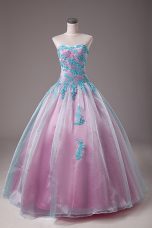 Traditional Sleeveless Organza Floor Length Lace Up 15th Birthday Dress in Light Blue with Appliques