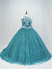 Glamorous Tulle Scoop Sleeveless Brush Train Lace Up Beading Quinceanera Gowns in Teal