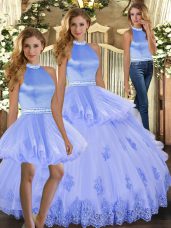 Lavender Backless Halter Top Beading and Appliques Sweet 16 Dresses Tulle Sleeveless