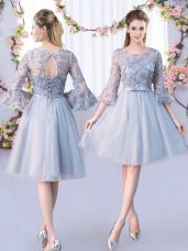 Grey 3 4 Length Sleeve Tulle Lace Up Quinceanera Dama Dress for Wedding Party