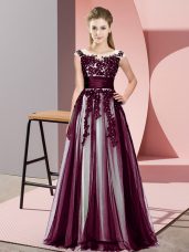 Sleeveless Tulle Floor Length Zipper Dama Dress in Dark Purple with Beading and Lace