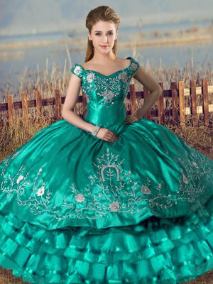 Eye-catching Turquoise Lace Up Sweet 16 Quinceanera Dress Embroidery and Ruffled Layers Sleeveless Floor Length