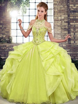 Glorious Yellow Green Sleeveless Beading and Ruffles Floor Length Sweet 16 Quinceanera Dress