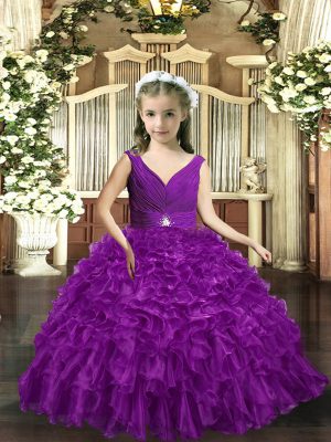 Fancy Floor Length Eggplant Purple Little Girls Pageant Gowns Organza Sleeveless Ruffles