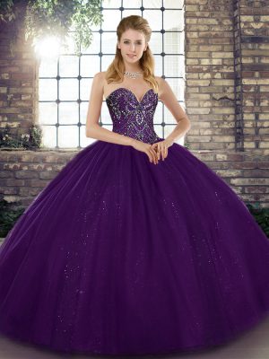 Fashionable Purple 15th Birthday Dress Military Ball and Sweet 16 and Quinceanera with Beading Sweetheart Sleeveless Lace Up
