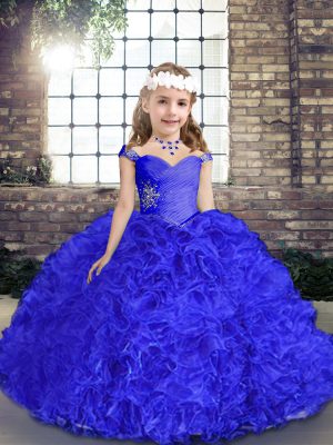 Wonderful Straps Sleeveless Lace Up Little Girls Pageant Dress Royal Blue Fabric With Rolling Flowers