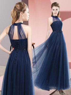 Fitting Navy Blue Tulle Lace Up Halter Top Sleeveless Floor Length Court Dresses for Sweet 16 Beading and Appliques