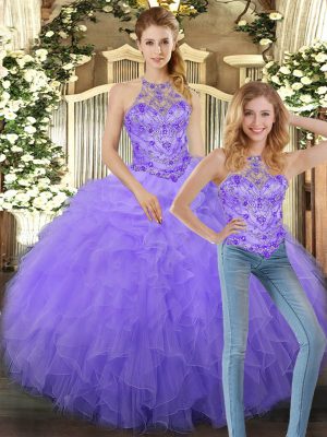 Lavender Tulle Lace Up 15th Birthday Dress Sleeveless Floor Length Beading and Ruffles