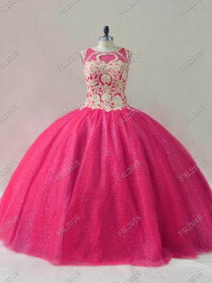 Hot Pink 15th Birthday Dress Sweet 16 and Quinceanera with Beading Scoop Sleeveless Lace Up