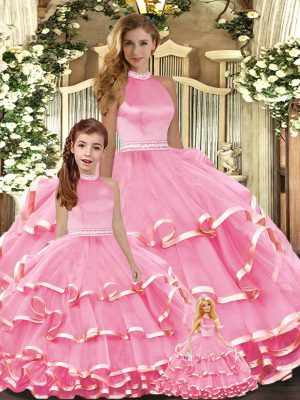 Ball Gowns Quince Ball Gowns Pink High-neck Organza Sleeveless Floor Length Lace Up