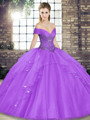 High End Lavender Ball Gowns Off The Shoulder Sleeveless Tulle Floor Length Lace Up Beading and Ruffles Quinceanera Gown