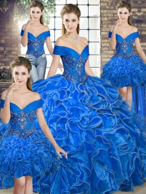 Royal Blue Ball Gowns Beading and Ruffles Quinceanera Gowns Lace Up Organza Sleeveless Floor Length