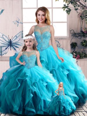 Romantic Aqua Blue Quince Ball Gowns Sweet 16 and Quinceanera with Beading and Ruffles Scoop Sleeveless Lace Up