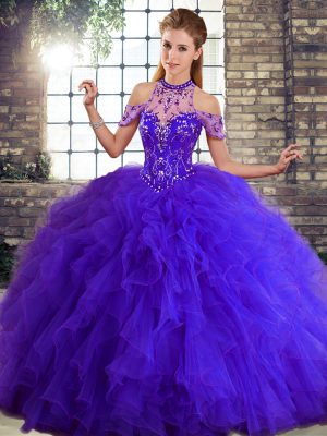 Cute Purple Sleeveless Tulle Lace Up Sweet 16 Quinceanera Dress for Military Ball and Sweet 16 and Quinceanera