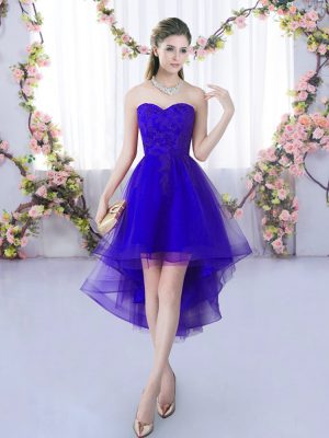 Sleeveless High Low Lace Lace Up Bridesmaids Dress with Purple