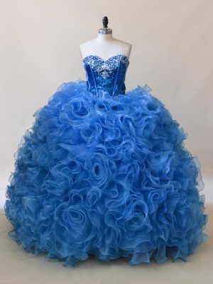 Discount Fabric With Rolling Flowers Sweetheart Sleeveless Lace Up Ruffles and Sequins Quinceanera Dress in Blue