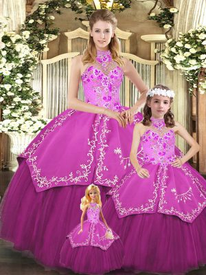 Wonderful Sleeveless Floor Length Embroidery Lace Up Quinceanera Gown with Fuchsia