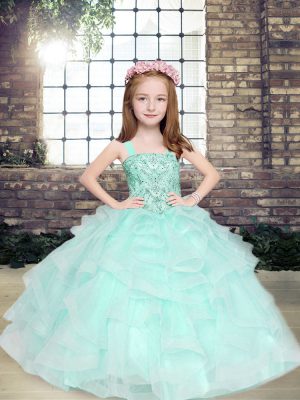 Apple Green Tulle Lace Up Little Girls Pageant Gowns Sleeveless Floor Length Beading and Ruffles