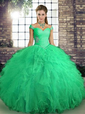 Off The Shoulder Sleeveless 15 Quinceanera Dress Floor Length Beading and Ruffles Turquoise Tulle