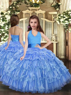 Hot Sale Blue Lace Up Halter Top Ruffled Layers Pageant Dress for Womens Organza Sleeveless
