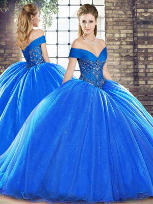 Sleeveless Beading Lace Up Quince Ball Gowns with Royal Blue Brush Train