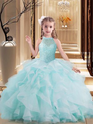 Super Light Blue Sleeveless Tulle Brush Train Lace Up Girls Pageant Dresses for Party and Sweet 16 and Wedding Party