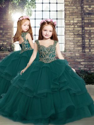 Ball Gowns Child Pageant Dress Peacock Green Straps Tulle Sleeveless Floor Length Lace Up