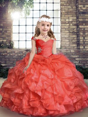 Coral Red Straps Neckline Beading and Ruching Girls Pageant Dresses Sleeveless Lace Up