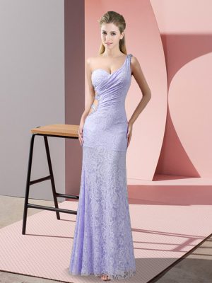 Deluxe Lavender Column/Sheath One Shoulder Sleeveless Lace Floor Length Criss Cross Beading and Lace Evening Dress