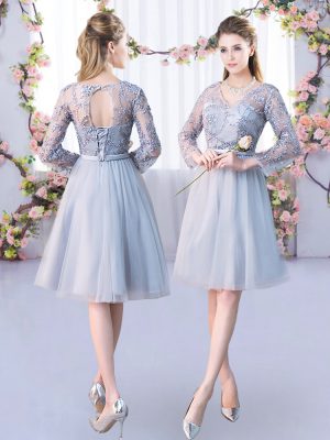 V-neck Long Sleeves Lace Up Wedding Party Dress Grey Tulle