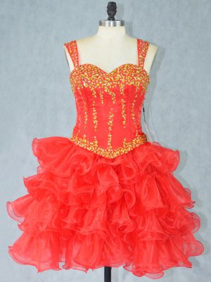 Fantastic Red Ball Gowns Straps Sleeveless Organza Mini Length Lace Up Beading and Ruffled Layers Glitz Pageant Dress