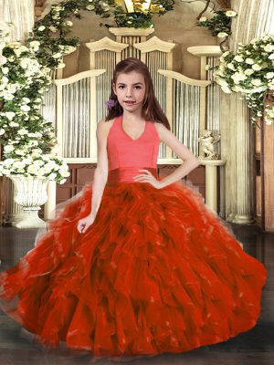 Low Price Rust Red Pageant Dress for Womens Party and Sweet 16 and Wedding Party with Ruffles Halter Top Sleeveless Lace Up