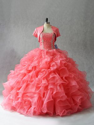 Watermelon Red Strapless Neckline Beading Quince Ball Gowns Sleeveless Lace Up
