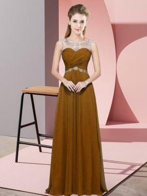 Sumptuous Brown Empire Chiffon Scoop Sleeveless Beading and Ruching Floor Length Backless Going Out Dresses