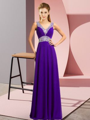 Dramatic Purple Sleeveless Floor Length Beading Lace Up Prom Evening Gown