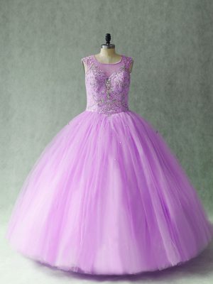 Charming Lilac Sleeveless Floor Length Beading Lace Up Quince Ball Gowns