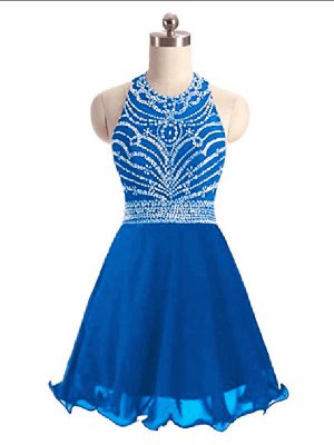Super Blue Lace Up Pageant Dress for Girls Beading Sleeveless Mini Length