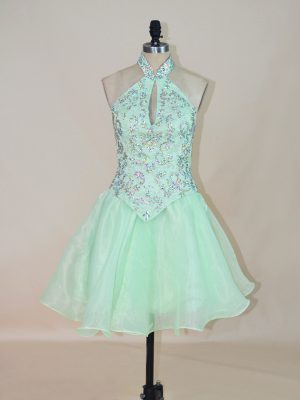 Sleeveless Organza Mini Length Lace Up Prom Dress in Apple Green with Beading