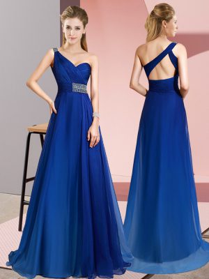 Blue Evening Dress Prom and Party with Beading One Shoulder Sleeveless Brush Train Criss Cross