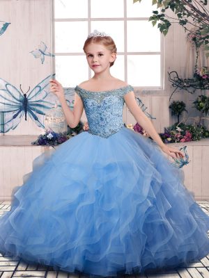 Blue Sleeveless Beading and Ruffles Floor Length Kids Pageant Dress