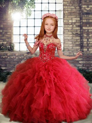 Great Red Kids Formal Wear Party and Military Ball and Wedding Party with Ruffles Scoop Sleeveless Lace Up